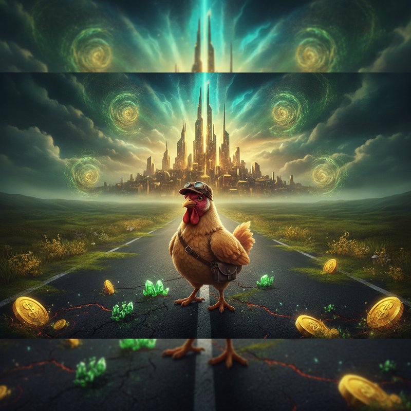 Chicken Road 2 di InOut: una gallina con cuffia da aviatore e borsa a tracolla in mezzo a una strada crepata, monete d'oro e cristalli verdi sull'asfalto e una città dorata sullo sfondo sotto un cielo scuro